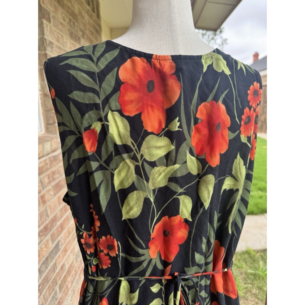 VTG Tropical Hawaiian Dress Maxi 90s Flowey Black Orange Goth Tie Back Boho XL - Picture 4 of 5